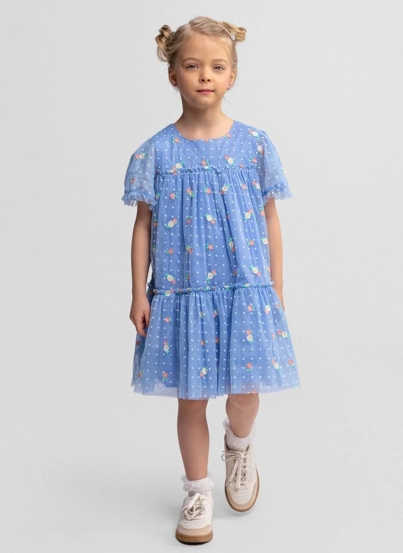 MINOTI Girls blue embroidered tulle dress tiered skirt short sleeves 3 months to 7 years